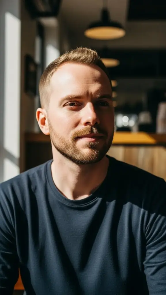 Close up of a man with The High & Tight Stubble, showing the barely-there scruff and sharp skin fade on the sides.