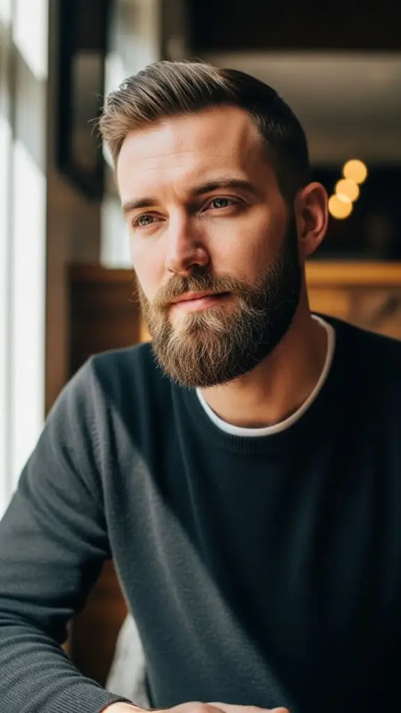Close up of a man with The Tactical Boxed Beard, showing the razor-sharp cheek lines and squared-off bottom profile.