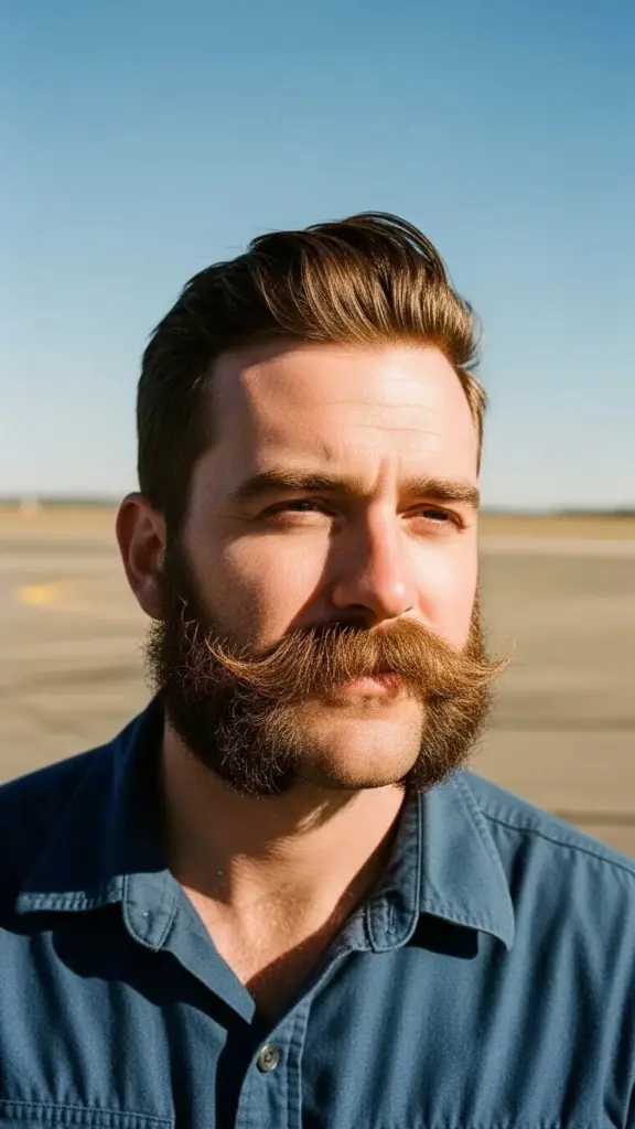Close up portrait of a man with The Officer’s Chevron beard style.