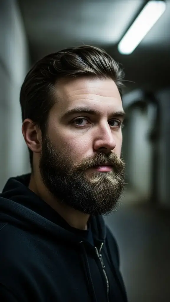 Close up portrait of a man with The Heavy Combat Shadow beard style.