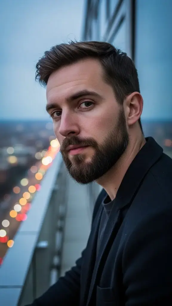 Close up portrait of a man with The Precision Chin Strap beard style.