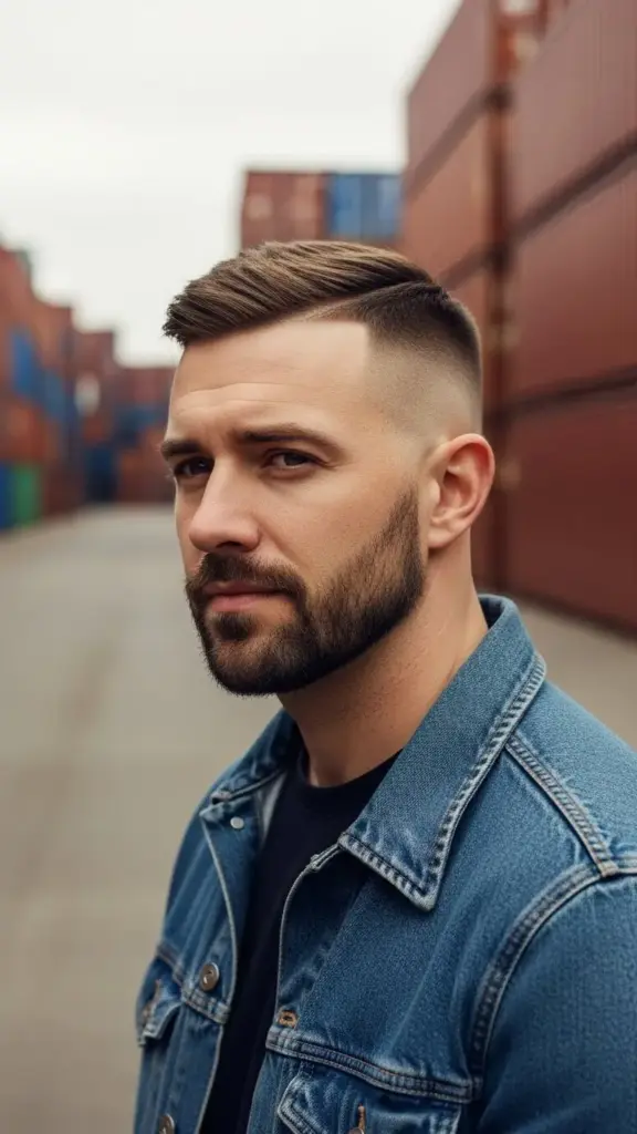 Close up portrait of a man with The Faded Buzz Beard style.