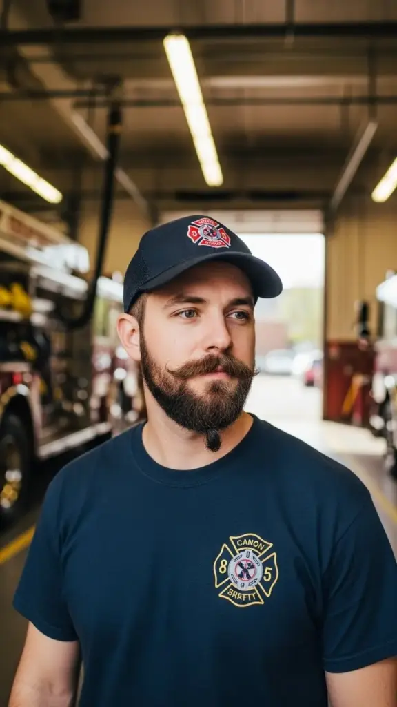 Close up portrait of a man with The Drill Sergeant’s Anchor beard style.