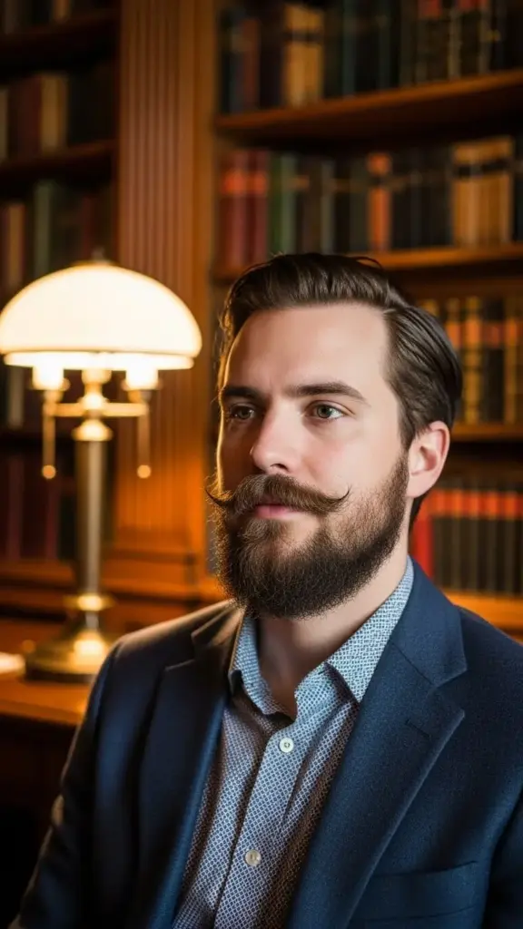 Close up portrait of a man with The Clean-Cut Balbo beard style.