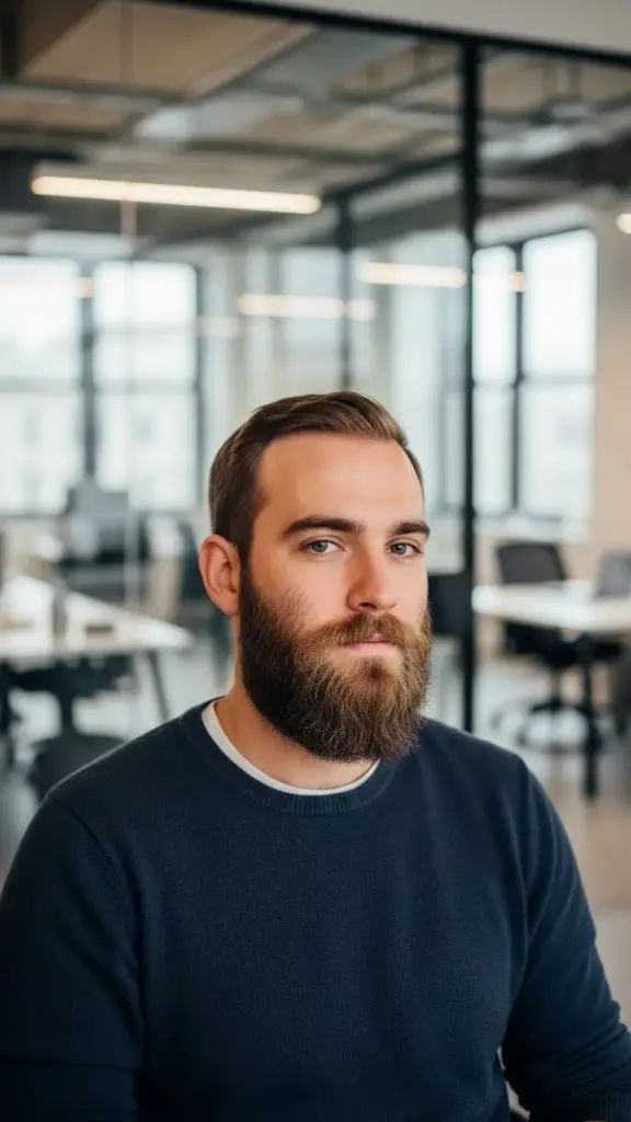 Close up portrait of a man with The Short Rounded Box beard style.