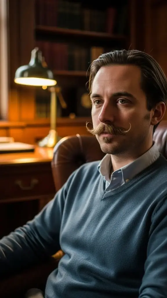 Close up portrait of a man with The Pencil Thin Mustache beard style.