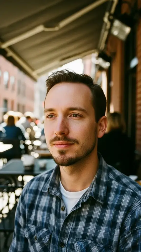 Close up portrait of a man with The Disconnected Soul Patch beard style.