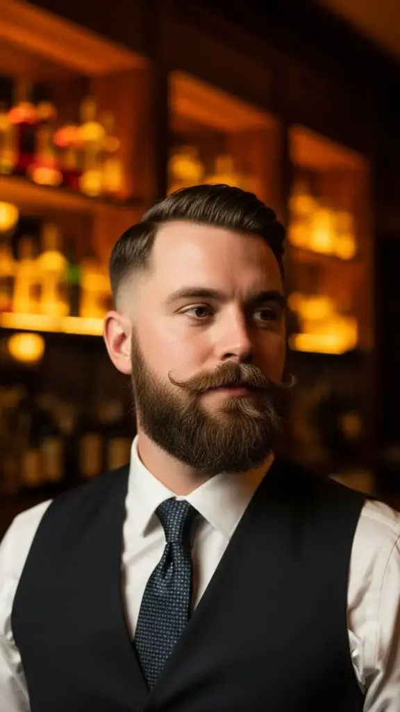 Close up portrait of a man with The Groomed Mutton Chops beard style.